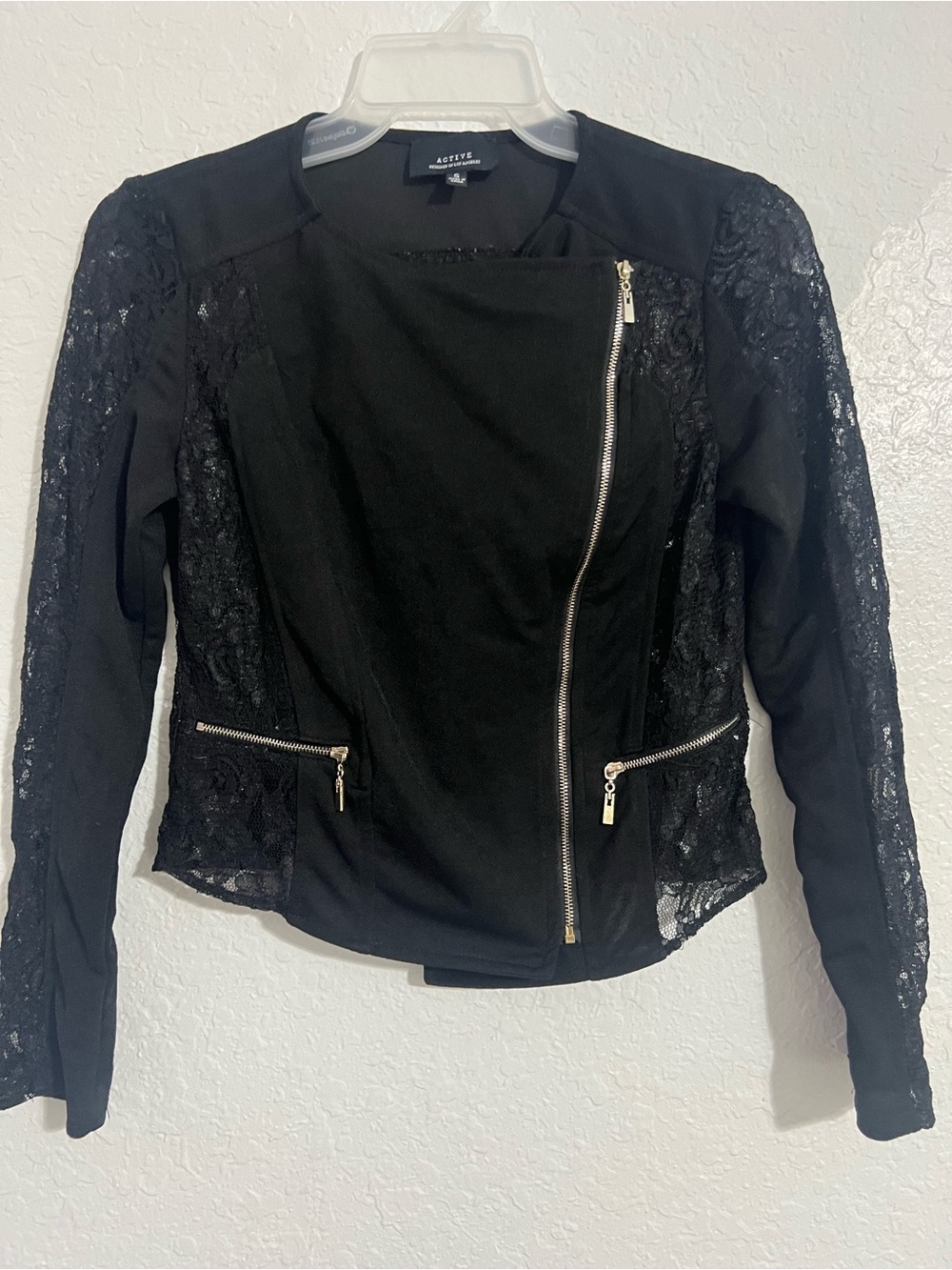 Active Women Full Zip Jacket Top Long Sleeve Black Lace Size S #820